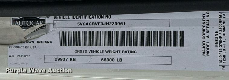 image for item EJ3420 2018 Autocar ACX Xpeditor refuse truck