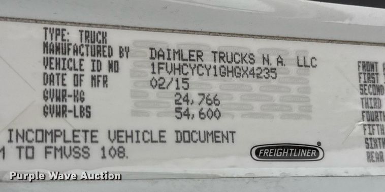 image for item EJ3422 2016 Freightliner Business Class M2 106 refuse truck