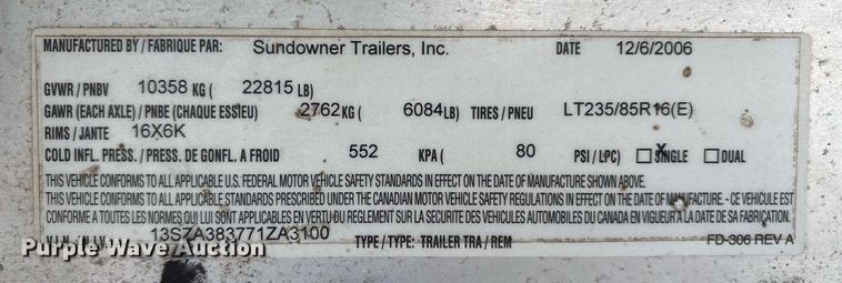 image for item OK9479 2007 Sundowner Sunlite 727 horse trailer