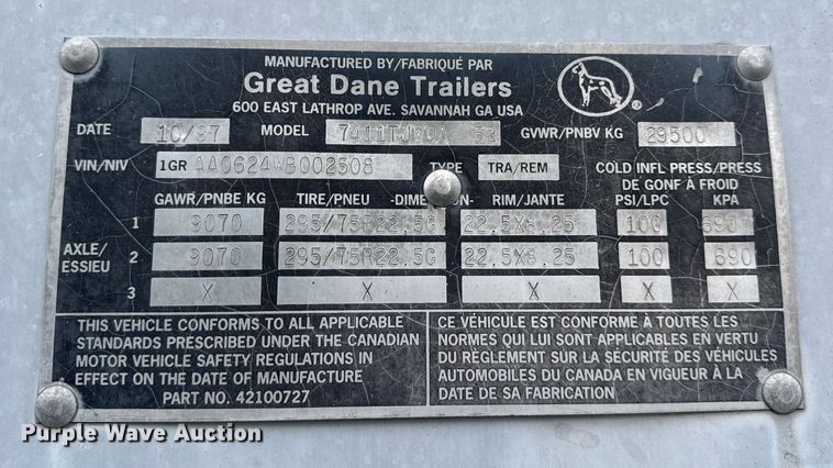image for item DH9219 1998 Great Dane 7411TJWQA dry van trailer