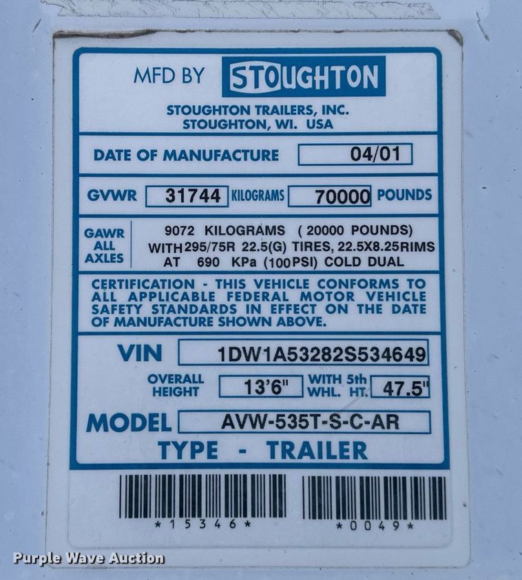 image for item DN0939 2002 Stoughton  AVW-535T-S-C-AR dry van trailer