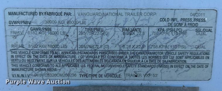 image for item DT2130 2012 Vanguard VXP dry van trailer