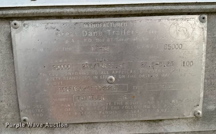 image for item DW2462 1985 Great dane 7510TJL dry van trailer