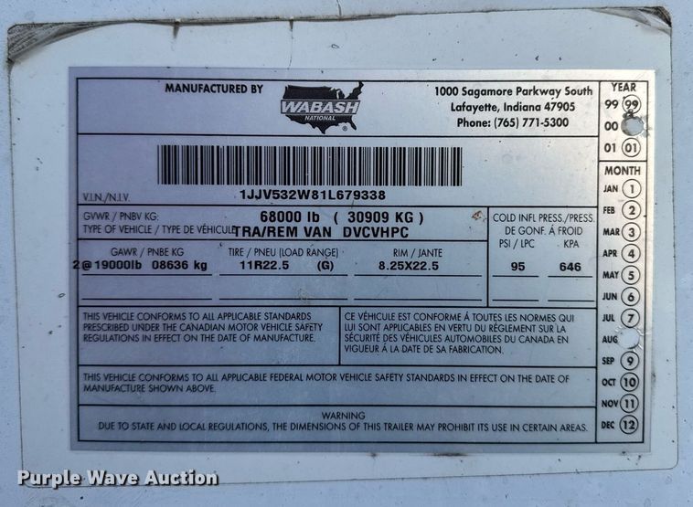 image for item EG7150 2001 Wabash dry van trailer