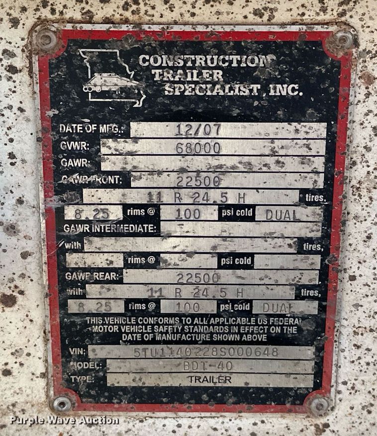 image for item EJ5323 2008 Construction Trailer Specialist BDT-40 bottom dump trailer