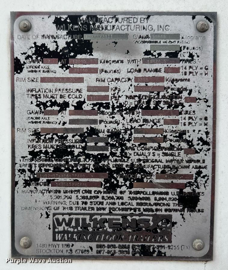 image for item ER8579 2012 Wilkens walking floor trailer