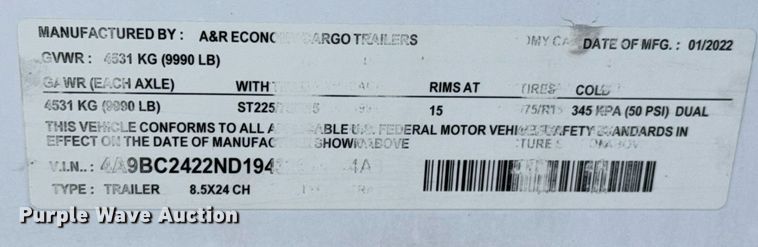 image for item DO0232 2022 A&R Economy enclosed cargo trailer
