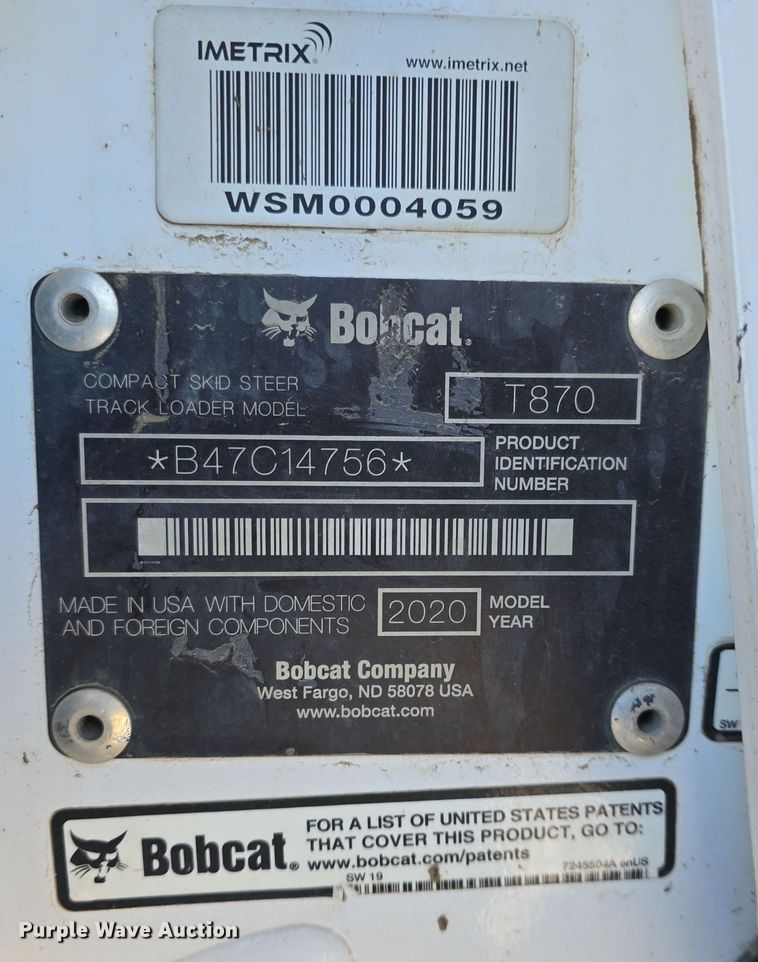 image for item DO7738 2020 Bobcat T870 tracked skid steer loader