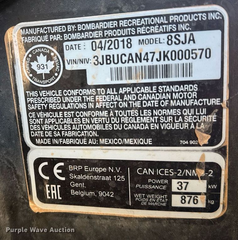 image for item EG2399 2018 Can-Am 8SJA utility vehicle