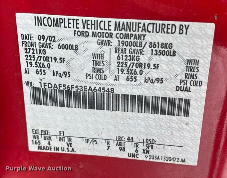 image for item EI4098 2003 Ford F550 Super Duty XL truck cab and chassis