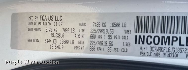 image for item EI4114 2018 Dodge Ram 4500 Crew Cab truck cab and chassis