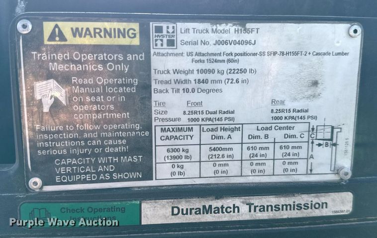 image for item EJ3461 2011 Hyster H155FT forklift