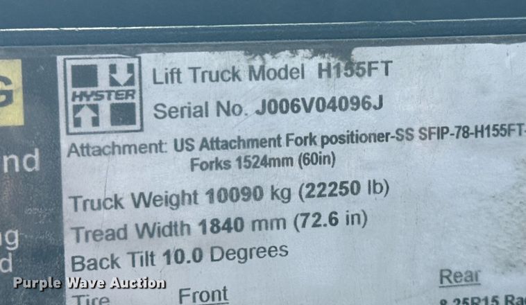 image for item EJ3461 2011 Hyster H155FT forklift