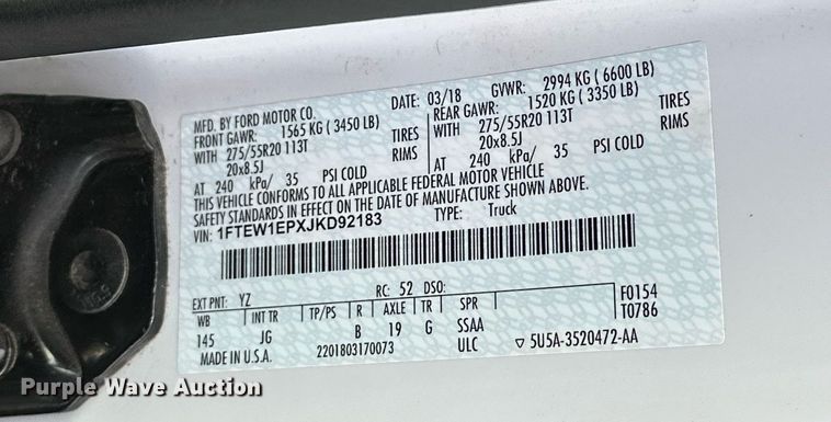 image for item EJ5330 2018 Ford F150 SuperCrew pickup truck