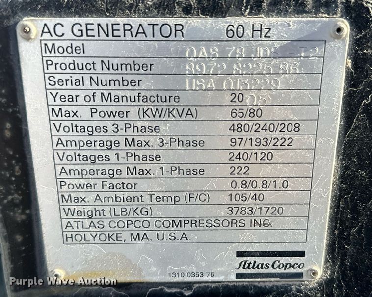 image for item ER8652 2005 Atlas Copco QAS 78JD generator