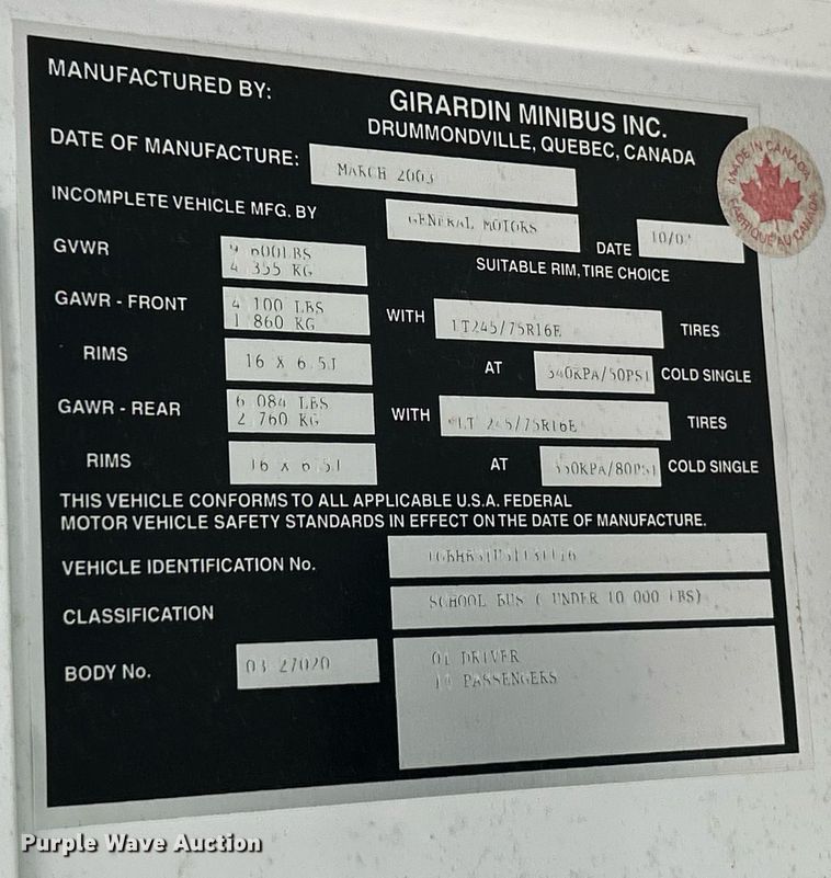 image for item NJ9739 2003 Chevrolet Express 3500 school bus