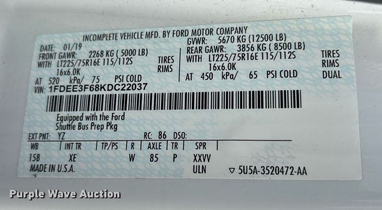 image for item OK9512 2019 Ford E350 shuttle bus