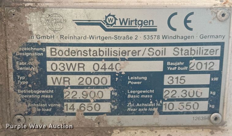 image for item DJ9720 2012 Wirtgen WR 2000 soil stabilizer / recycler