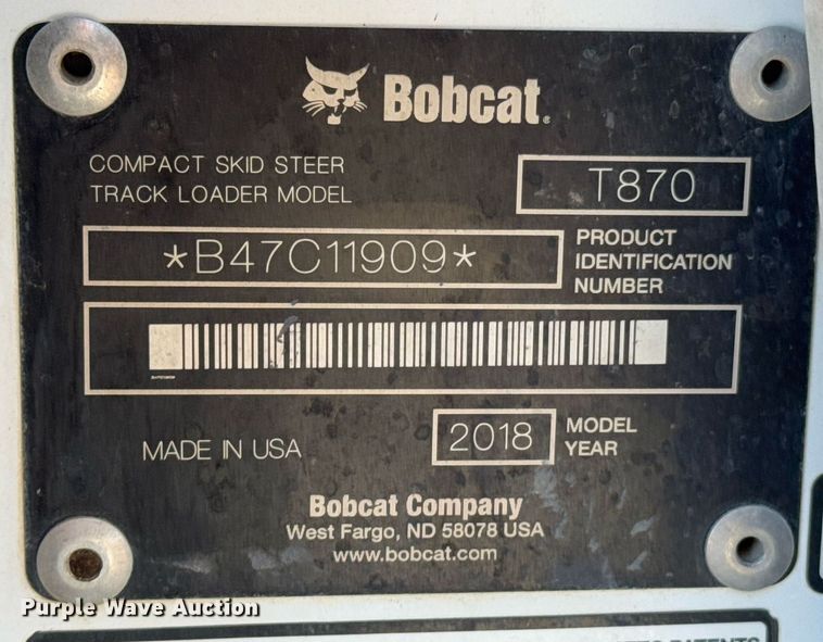 image for item DO0237 2018 Bobcat T870 tracked skid steer loader