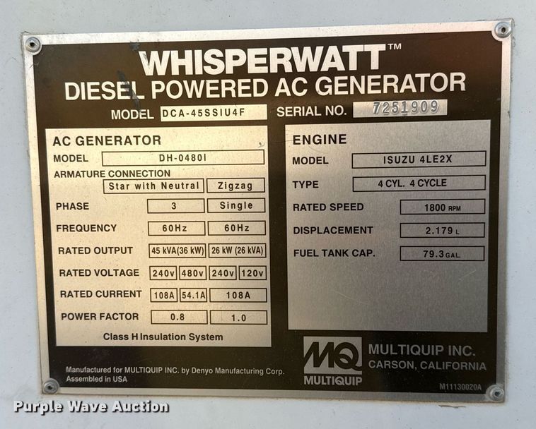 image for item DO2589 2017 MultiQuip Whisper Watt DCA-45 generator