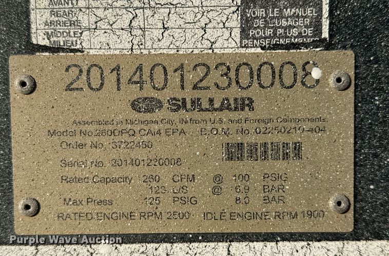 image for item DO2592 2014 Sullair 260 air compressor