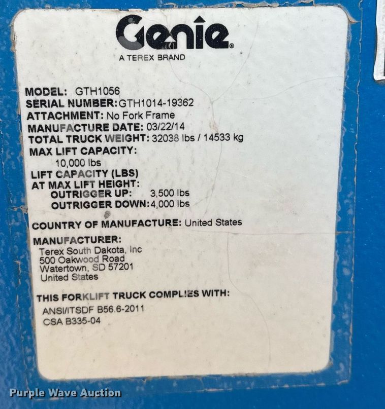 image for item DO2606 2014 Genie GTH1056 telehandler