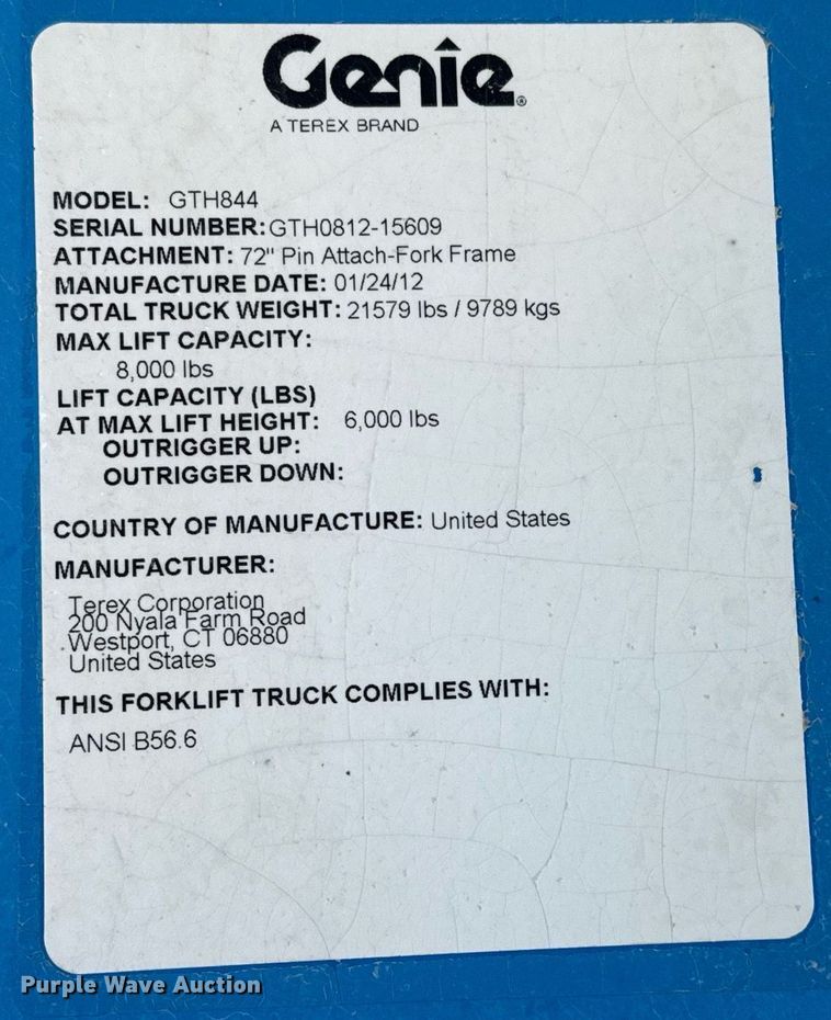 image for item DO2611 2012 Genie GTH844 telehandler