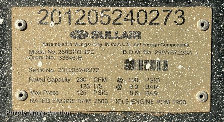 image for item DO2615 2012 Sullair 260 air compressor