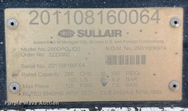 image for item DO2616 2011 Sullair 260 air compressor