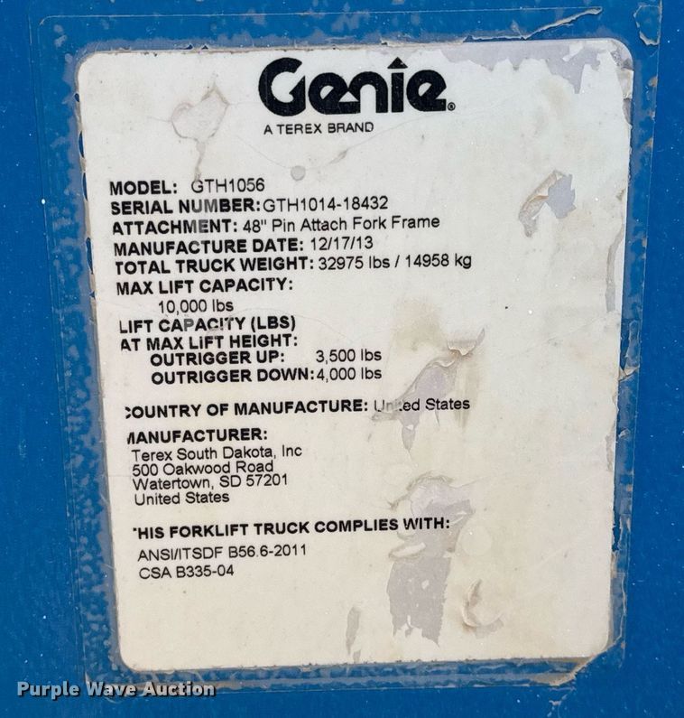 image for item DO2617 2014 Genie GTH1056 telehandler