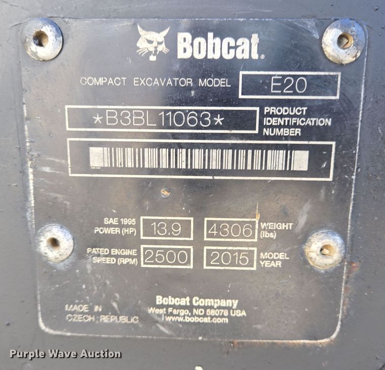 image for item DT5462 2015 Bobcat E20 mini excavator
