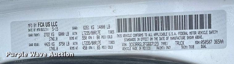 image for item ER5097 2015 Dodge Ram 3500 Crew Cab flatbed pickup truck