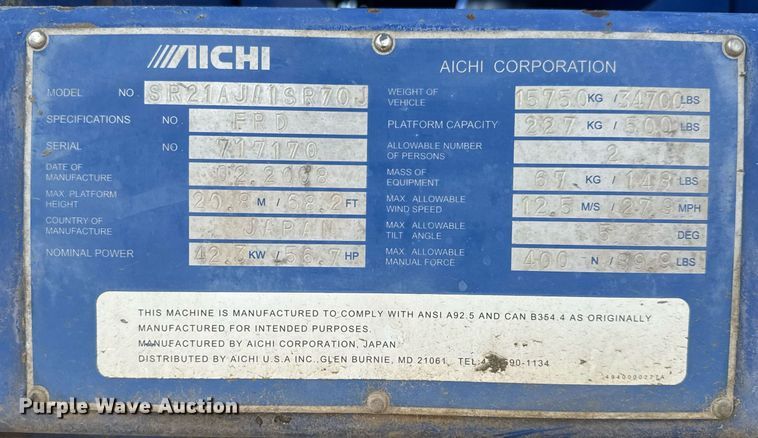 image for item LH9433 2008 Aichi SR21AJ/ISR70J boom lift