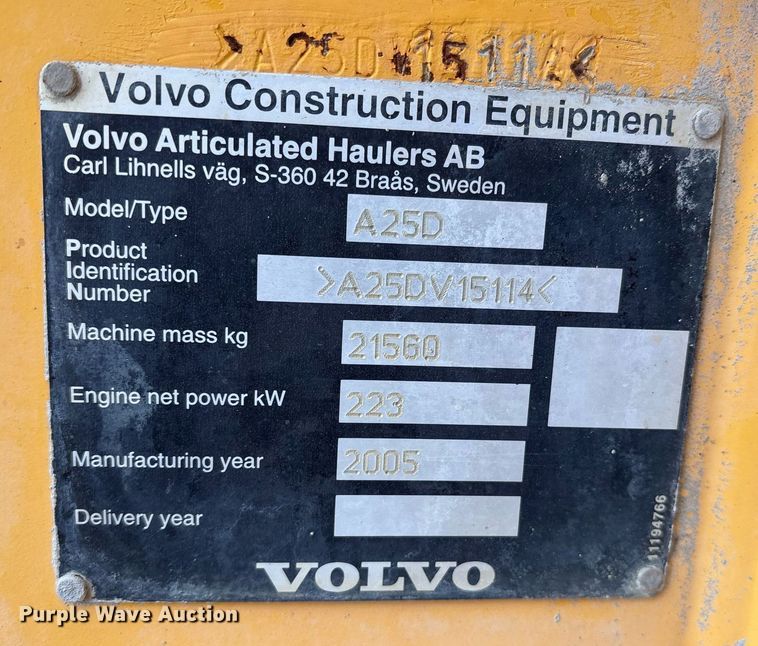 image for item OK9491 2005 Volvo A25D articulated haul truck
