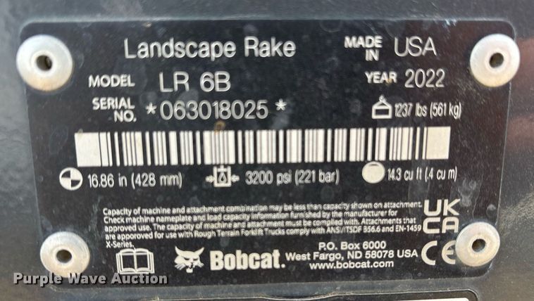 image for item OK9519 2022 Bobcat LR 6B skid steer landscape rake