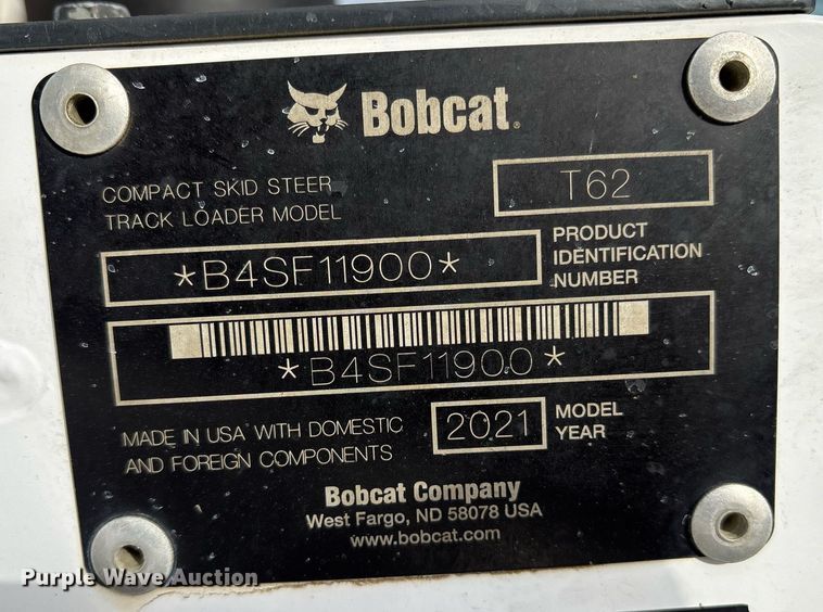 image for item OK9520 2021 Bobcat T62 tracked skid steer loader