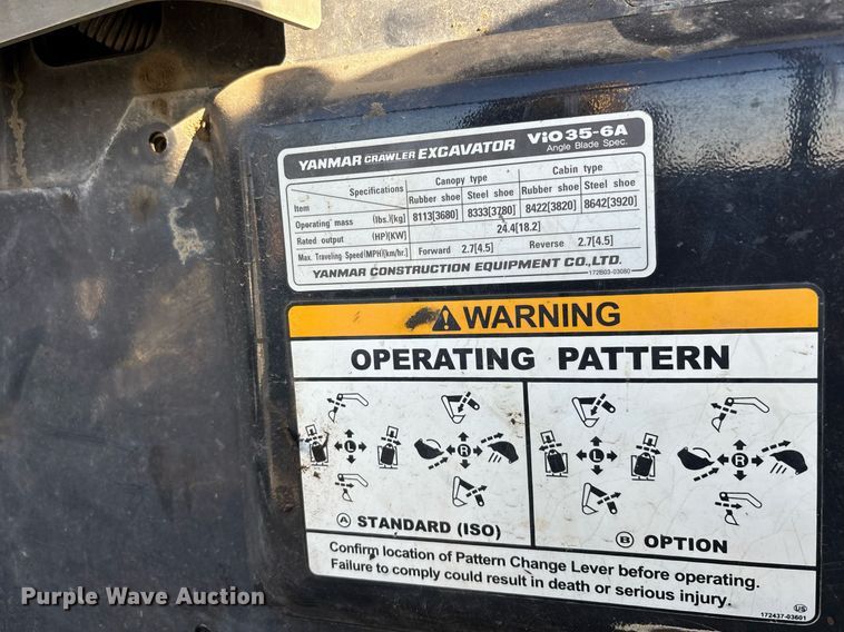 image for item YA0173 2019 Yanmar VIO35-6A mini excavator