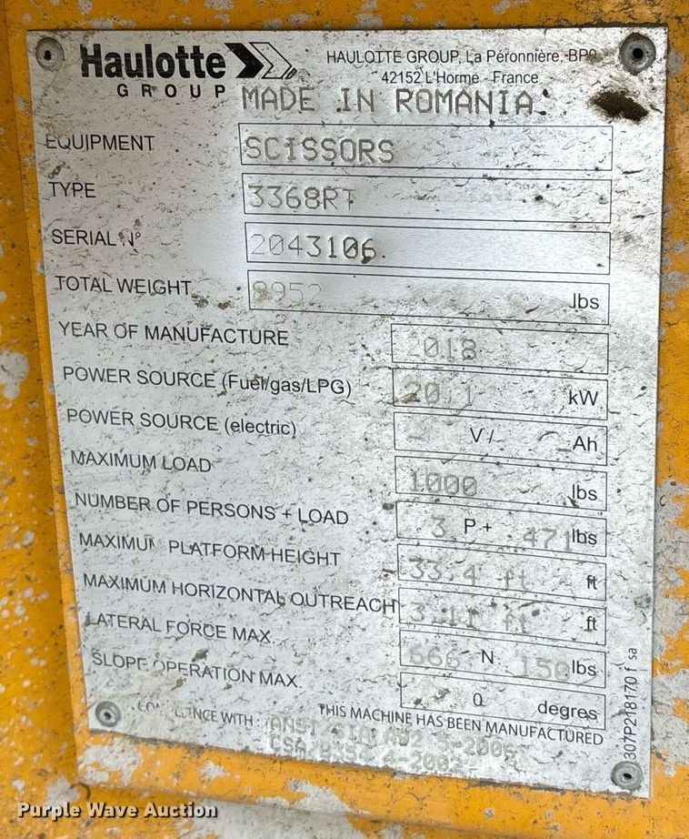 image for item YA0179 2018 Haulotte Compact 3368RT scissor lift