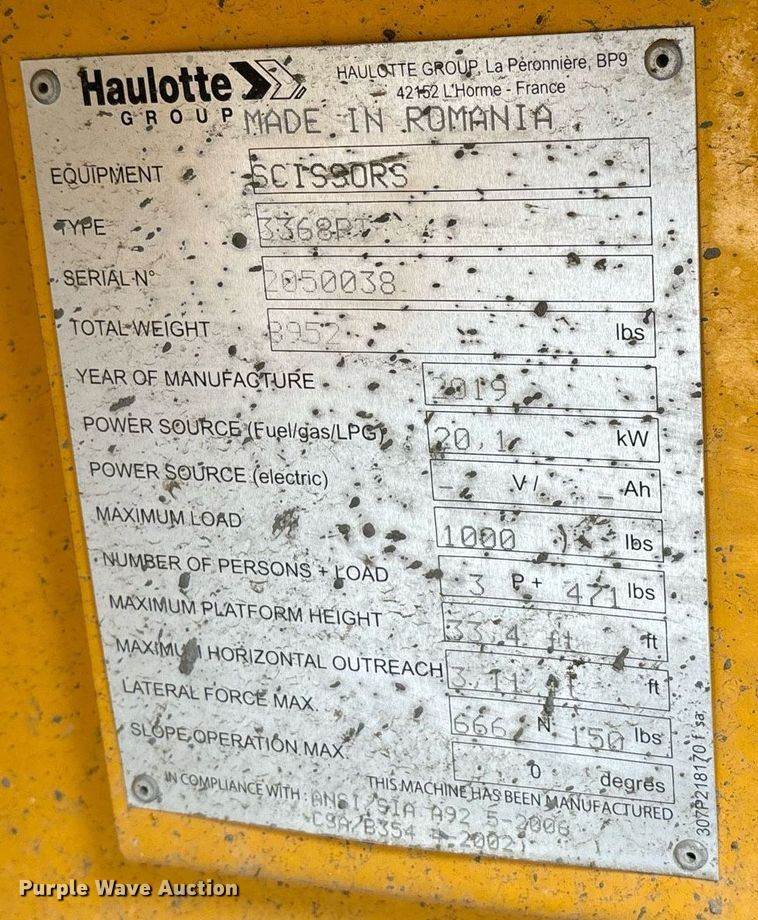 image for item YA0180 2019 Haulotte Compact 3368RT scissor lift