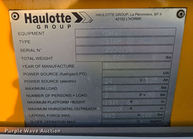 image for item YA0187 2019 Haulotte Star 20 AC E vertical lift