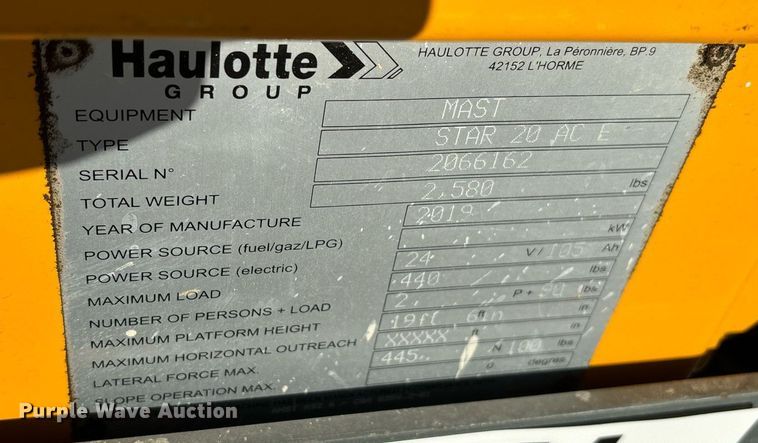 image for item YA0188 2019 Haulotte Star 20 AC E vertical lift