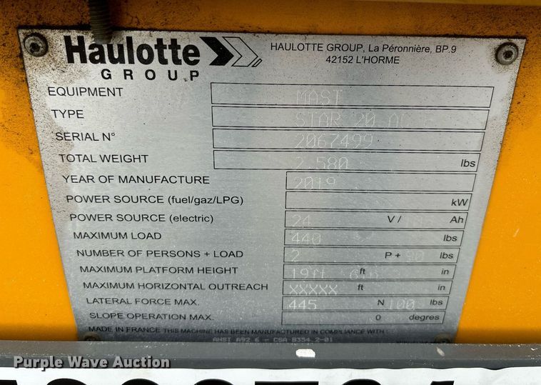 image for item YA0192 2019 Haulotte Star 20 AC E vertical lift