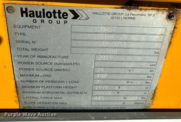 image for item YA0196 2019 Haulotte Star 20 AC E vertical lift