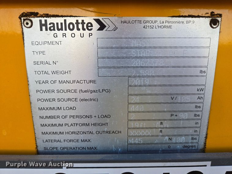 image for item YA0197 2019 Haulotte Star 20 AC E vertical lift
