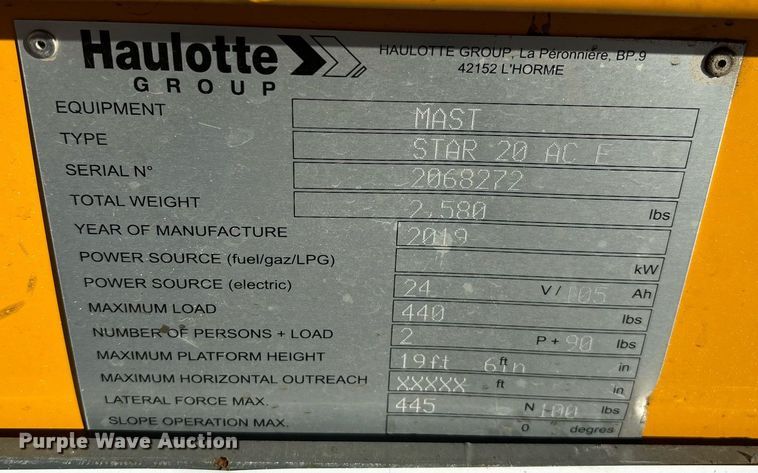 image for item YA0198 2019 Haulotte Star 20 AC E vertical lift