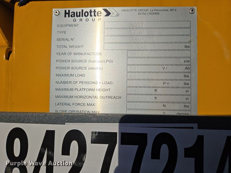 image for item YA0199 2019 Haulotte Star 20 AC E vertical lift