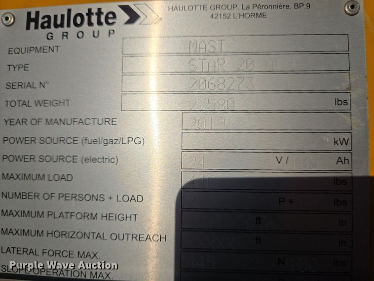 image for item YA0199 2019 Haulotte Star 20 AC E vertical lift