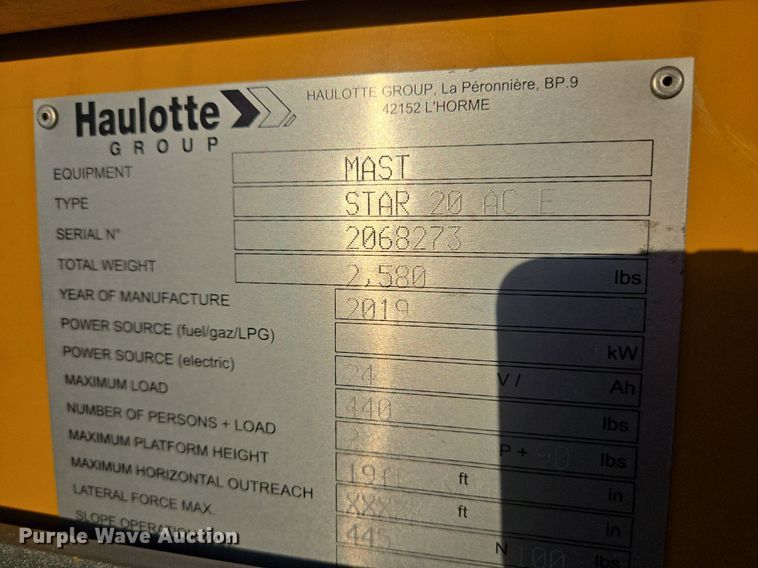 image for item YA0199 2019 Haulotte Star 20 AC E vertical lift