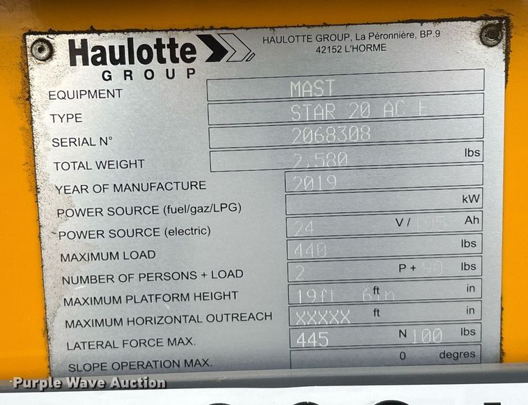 image for item YA0200 2019 Haulotte Star 20 AC E vertical lift