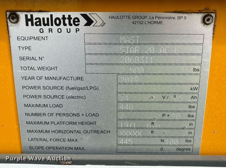 image for item YA0201 2019 Haulotte Star 20 AC E vertical lift